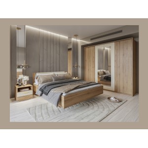 Complete slaapkamer VERTIGO - Bed 160x200 met lattenbodem, 2 nachtkastjes, kledingkast met 4 deuren + design omlijsting