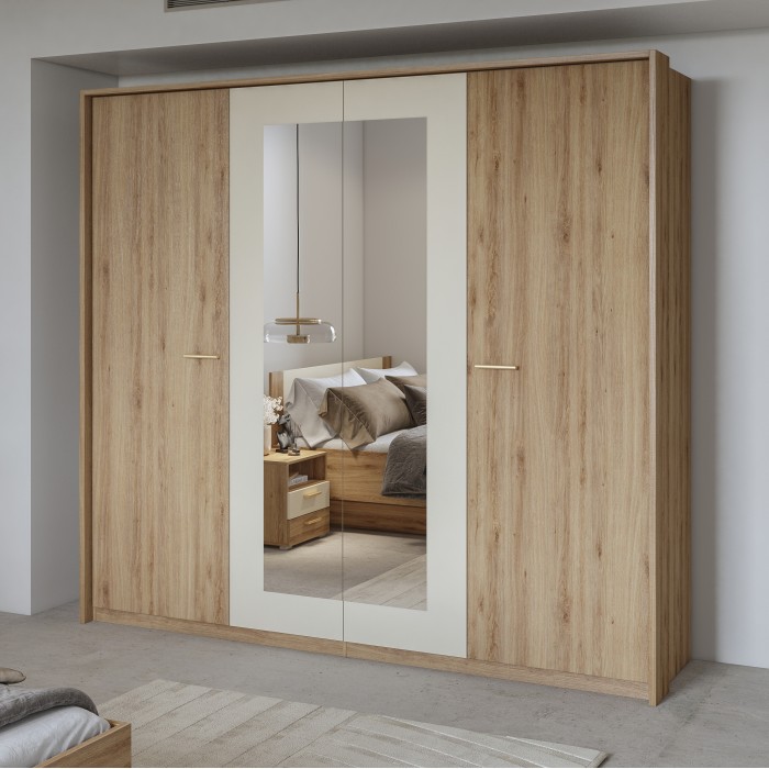 Komplettes Schlafzimmer VERTIGO – Bett 160x200 mit Lattenrost, 2 Nachttische, 4-türiger Kleiderschrank + Designrahmen