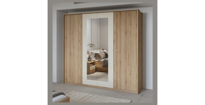 Complete slaapkamer VERTIGO - Bed 160x200 met lattenbodem, 2 nachtkastjes, kledingkast met 4 deuren + design omlijsting