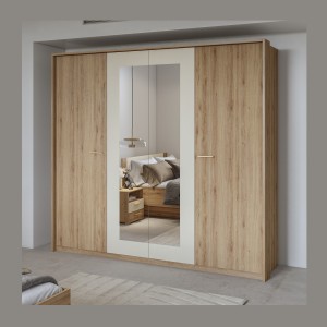 Complete slaapkamer VERTIGO - Bed 160x200 met lattenbodem, 2 nachtkastjes, kledingkast met 4 deuren + design omlijsting