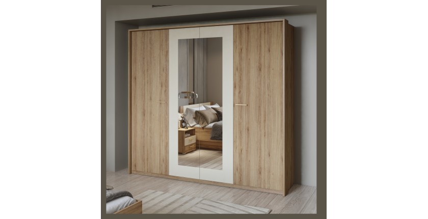Complete kamer VERTIGO - Bed 180x200 met lattenbodem, 2 nachtkastjes, kledingkast met 4 deuren + design omlijsting