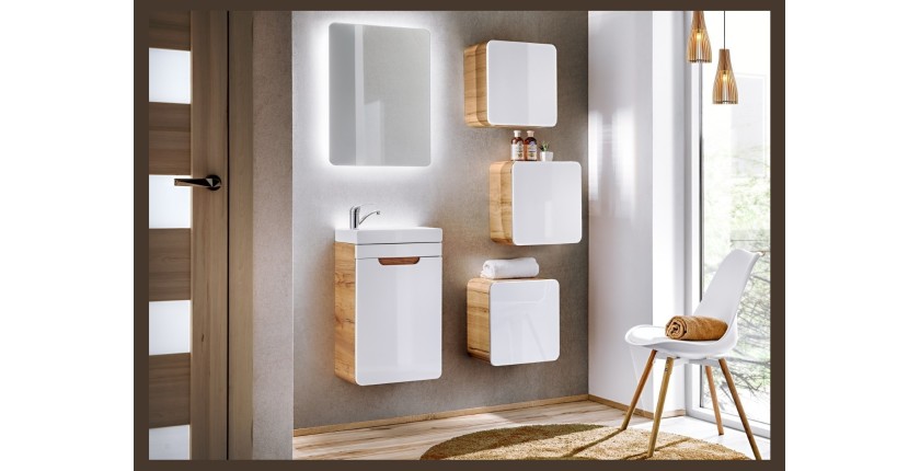 Meuble salle de bain ERBANO – Chêne clair et blanc brillant – 40x60 cm – 1 porte – À suspendre