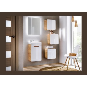 Meuble salle de bain ERBANO – Chêne clair et blanc brillant – 40x60 cm – 1 porte – À suspendre