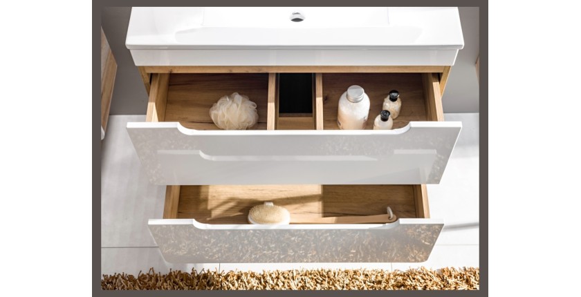 Meuble salle de bain ERBANO – Chêne clair et blanc brillant – 40x60 cm – 1 porte – À suspendre