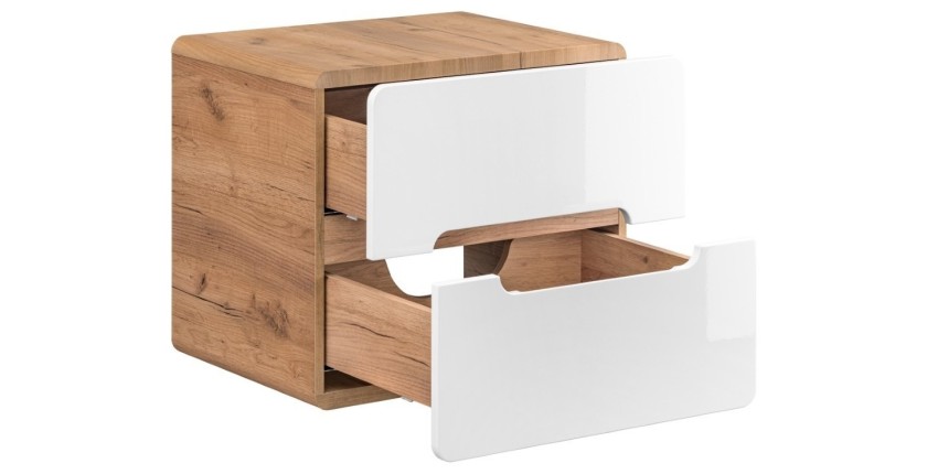 Möbelunterschrank ERBANO – Helles Eichenholz und Hochglanzweiß – 60x53 cm – 2 Schubladen – Zum Aufhängen