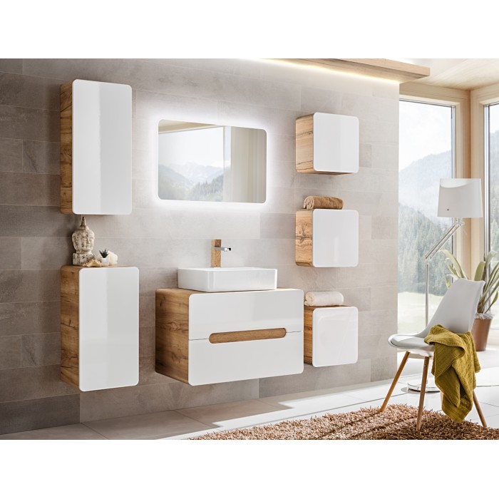 Demi-colonne de salle de bain ERBANO – Chêne clair et blanc brillant – 35x75 cm – 1 porte – À suspendre