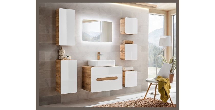 Demi-colonne de salle de bain ERBANO – Chêne clair et blanc brillant – 35x75 cm – 1 porte – À suspendre
