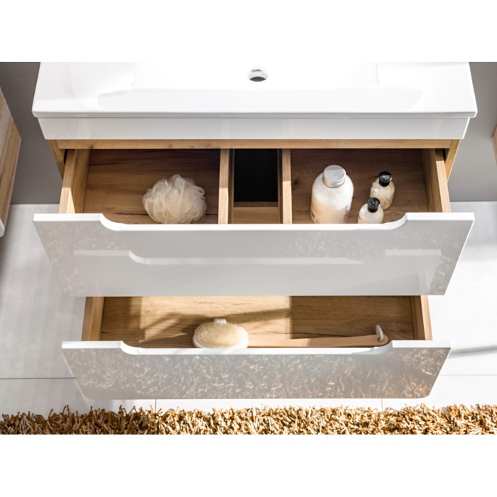 Mueble de baño ERBANO – Roble claro y blanco brillante – 35x35 cm – 1 puerta – Para colgar