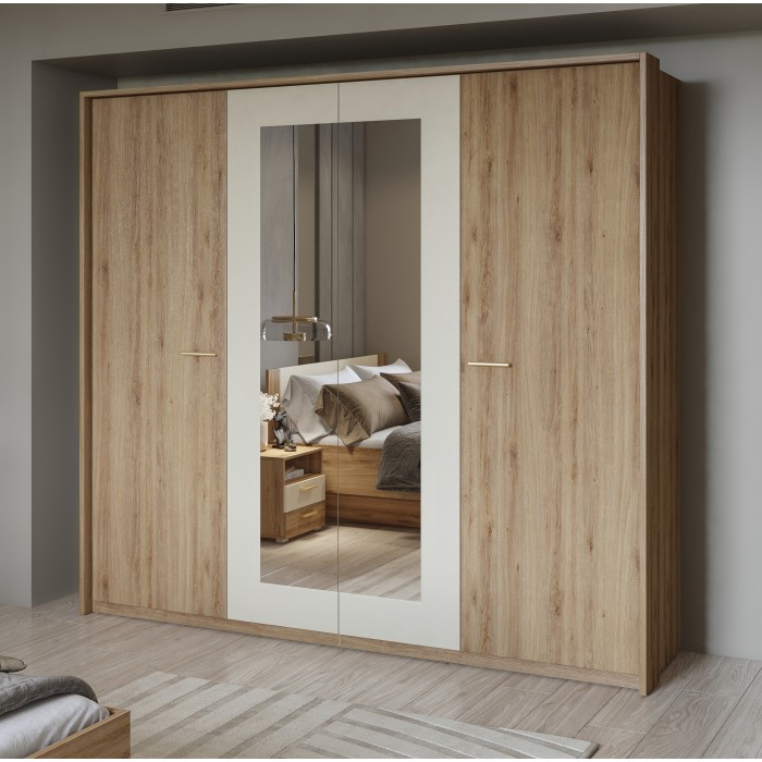 Komplettes Schlafzimmer VERTIGO – Stauraumbett 180x200, 2 Nachttische, 4-türiger Schrank + Designrahmen
