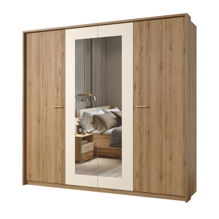 Camera completa VERTIGO – Letto contenitore 180x200, 2 comodini, armadio 4 porte + cornice design