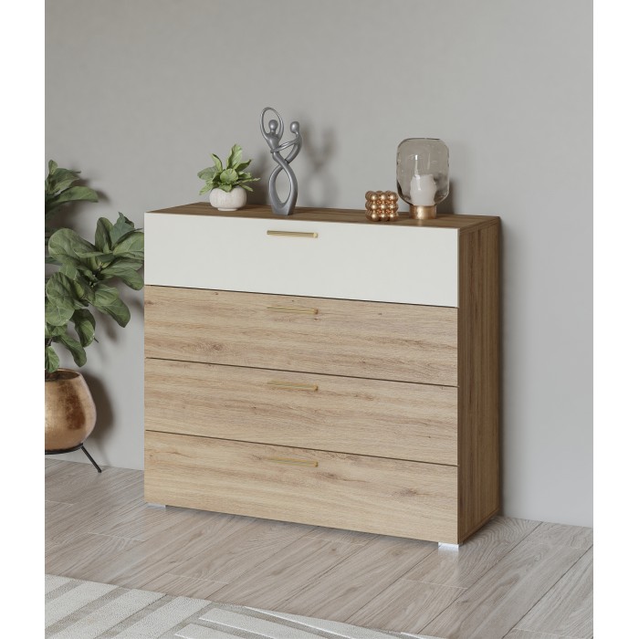 Conjunto Completo VERTIGO - Cama 160x200 con somier, 2 mesitas de noche, armario de 3 puertas, cómoda + marco de diseño