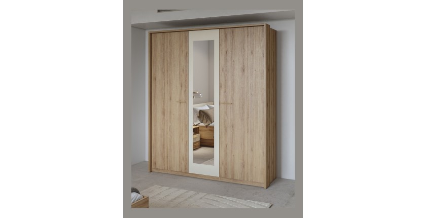 Chambre complète VERTIGO – Lit 180x200 avec sommier, 2 chevets, armoire 3 portes, commode + cadre design