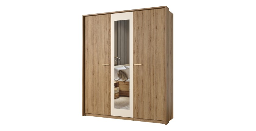 Chambre complète VERTIGO – Lit coffre 160x200, 2 chevets, armoire 3 portes, commode + cadre design
