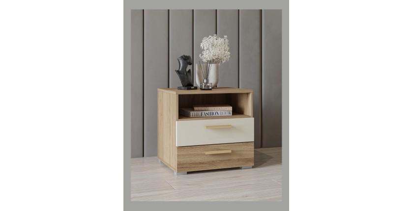 Chambre complète VERTIGO – Lit coffre 160x200, 2 chevets, armoire 3 portes, commode + cadre design