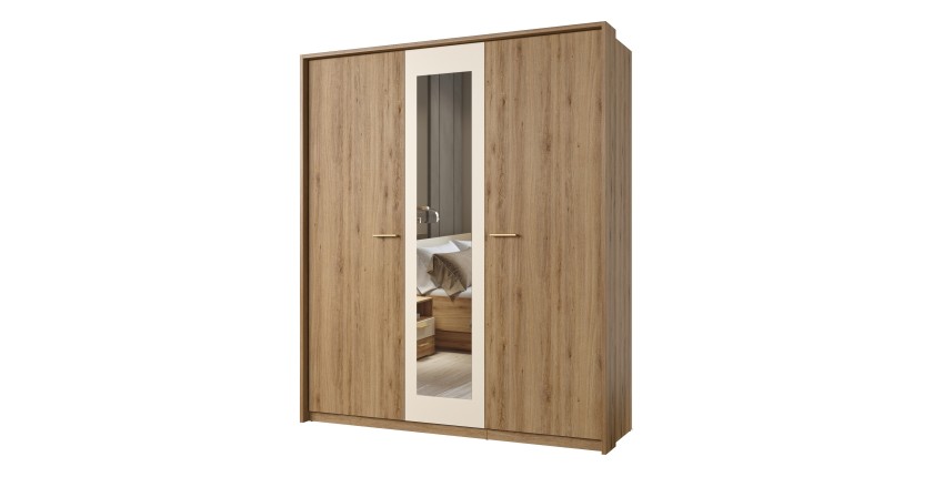Chambre complète VERTIGO – Lit coffre 160x200, 2 chevets, armoire 3 portes, commode + cadre design