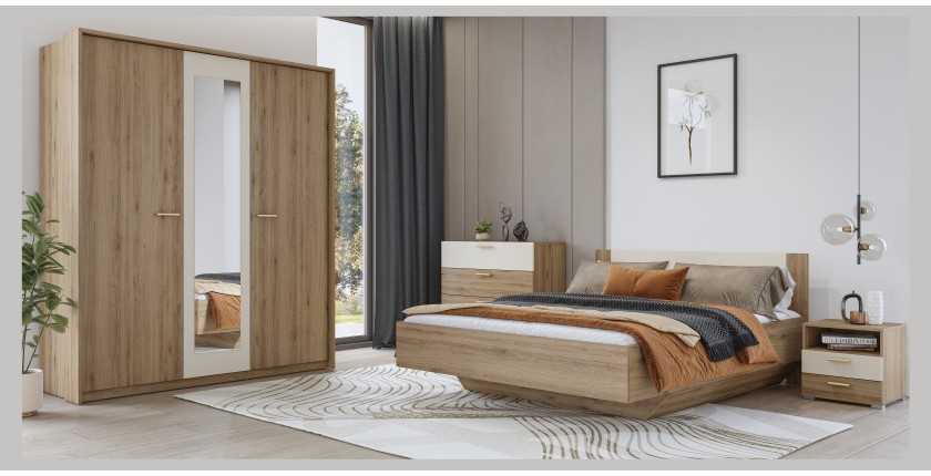 Chambre complète VERTIGO – Lit coffre 180x200, 2 chevets, armoire 3 portes, commode + cadre design