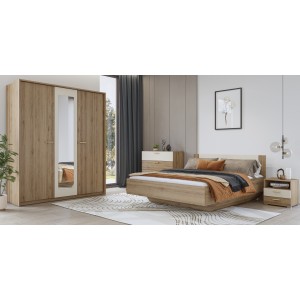 Chambre complète VERTIGO – Lit coffre 180x200, 2 chevets, armoire 3 portes, commode + cadre design
