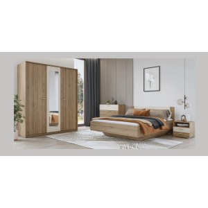 Chambre complète VERTIGO – Lit coffre 180x200, 2 chevets, armoire 3 portes, commode + cadre design
