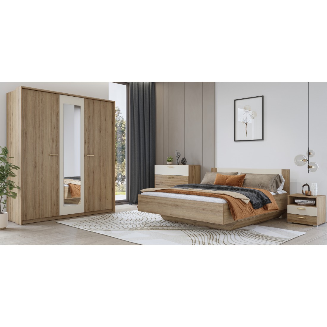 Chambre complète VERTIGO – Lit coffre 180x200, 2 chevets, armoire 3 portes, commode + cadre design