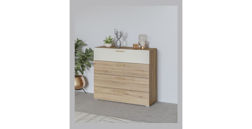 Chambre complète VERTIGO – Lit coffre 180x200, 2 chevets, armoire 3 portes, commode + cadre design