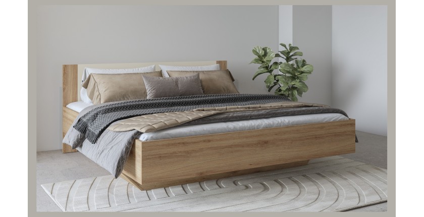Chambre complète VERTIGO – Lit coffre 180x200, 2 chevets, armoire 3 portes, commode + cadre design
