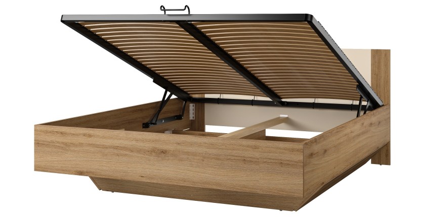 Chambre complète VERTIGO – Lit coffre 180x200, 2 chevets, armoire 3 portes, commode + cadre design