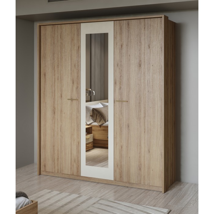 Chambre complète VERTIGO – Lit coffre 180x200, 2 chevets, armoire 3 portes, commode + cadre design