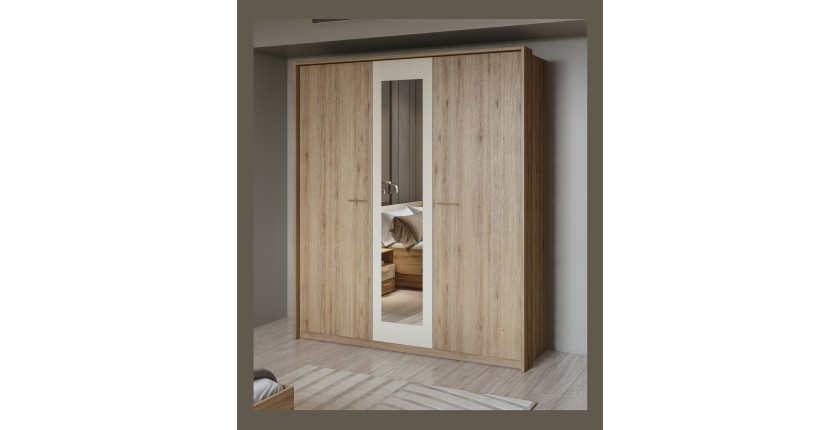 Chambre complète VERTIGO – Lit coffre 180x200, 2 chevets, armoire 3 portes, commode + cadre design