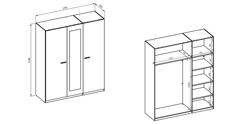 Chambre complète VERTIGO – Lit coffre 180x200, 2 chevets, armoire 3 portes, commode + cadre design