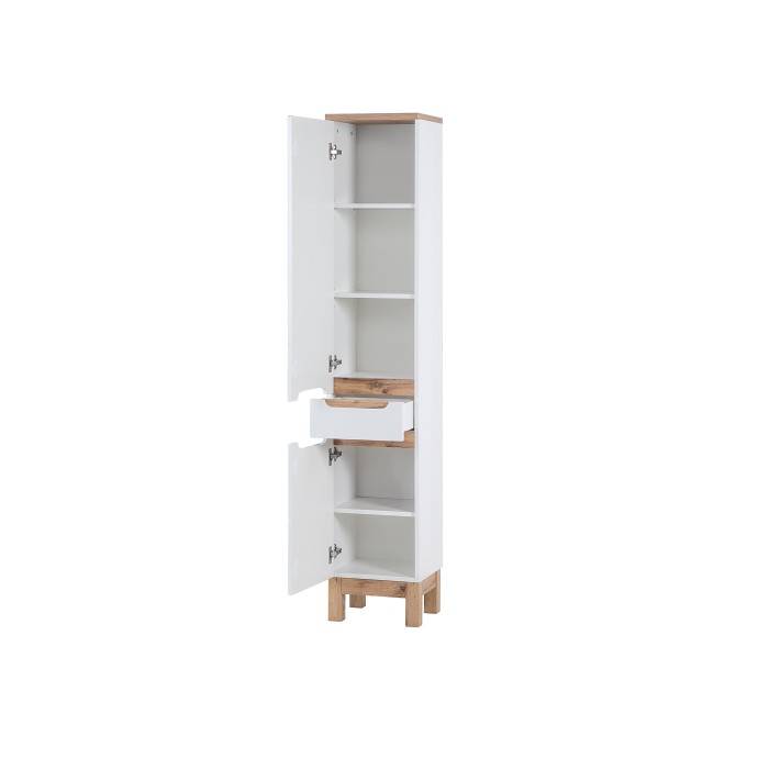 Colonne salle de bain ERMANO – Chêne clair et blanc brillant – 35x187 cm – 2 portes – À poser 