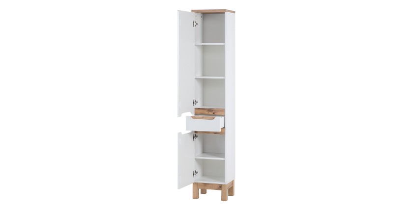 Colonne salle de bain ERMANO – Chêne clair et blanc brillant – 35x187 cm – 2 portes – À poser 