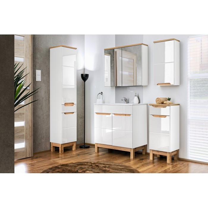 Colonne salle de bain ERMANO – Chêne clair et blanc brillant – 35x187 cm – 2 portes – À poser 