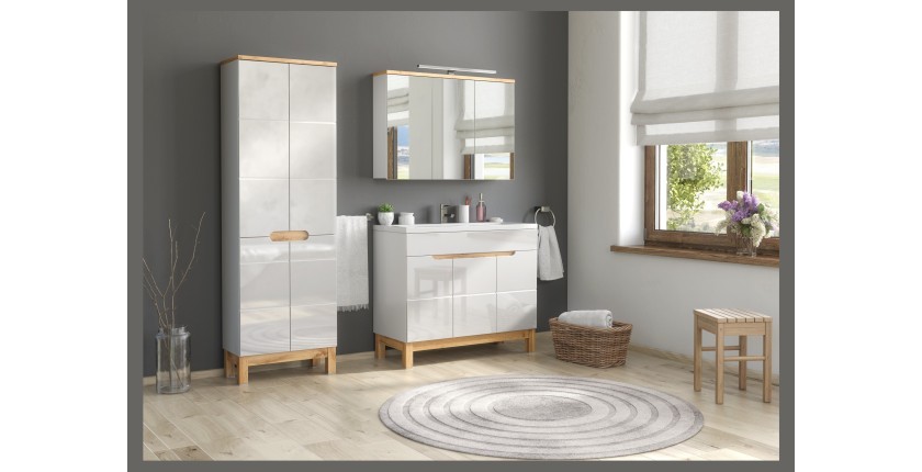 Colonne salle de bain ERMANO – Chêne clair et blanc brillant – 60x187 cm – 2 portes – À poser 