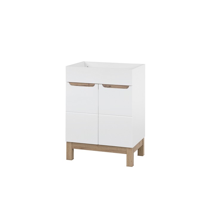 Meuble sous vasque ERMANO – Chêne clair et blanc brillant – 60x84 cm – 2 portes – À poser