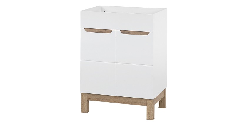Meuble sous vasque ERMANO – Chêne clair et blanc brillant – 60x84 cm – 2 portes – À poser