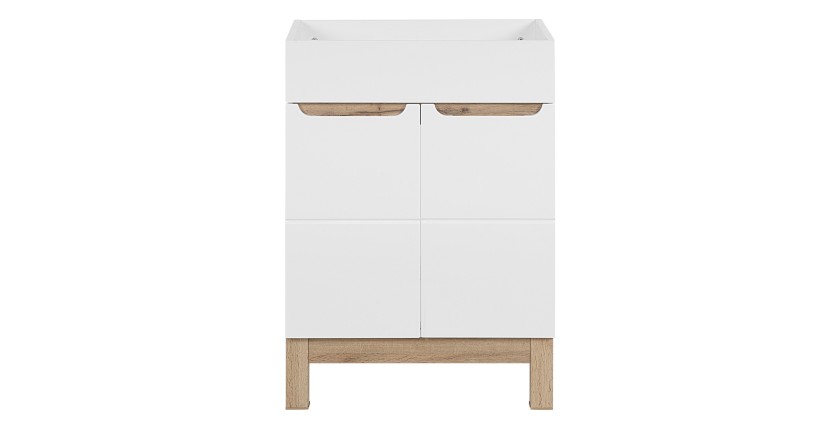 Meuble sous vasque ERMANO – Chêne clair et blanc brillant – 60x84 cm – 2 portes – À poser