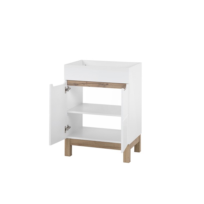 Meuble sous vasque ERMANO – Chêne clair et blanc brillant – 60x84 cm – 2 portes – À poser