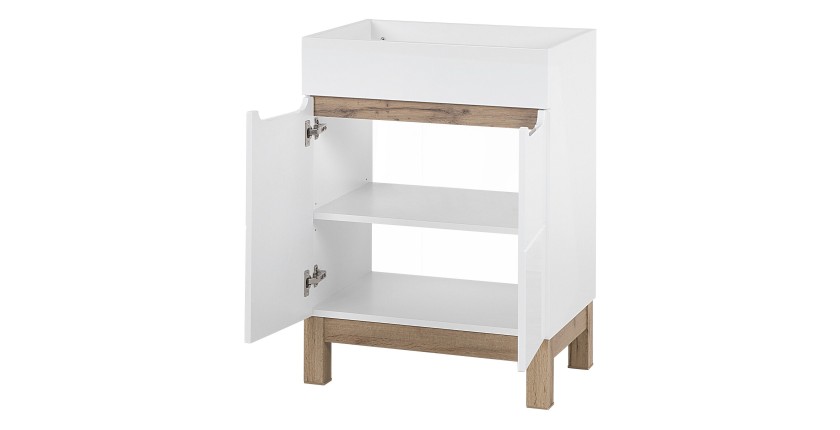 Meuble sous vasque ERMANO – Chêne clair et blanc brillant – 60x84 cm – 2 portes – À poser