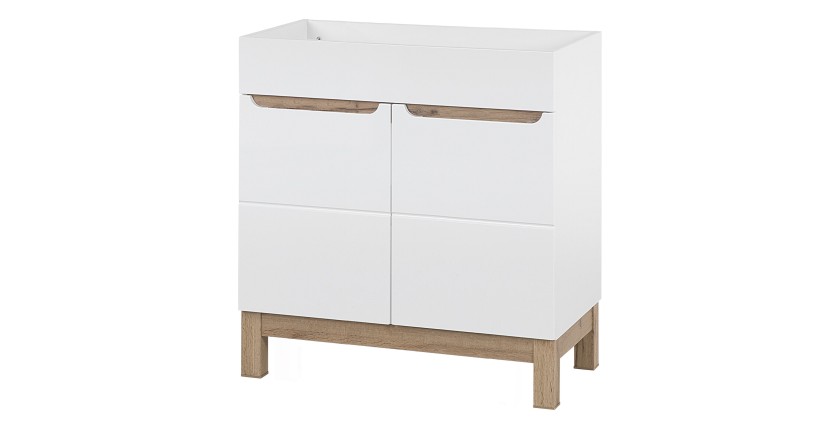 Meuble sous vasque ERMANO – Chêne clair et blanc brillant – 80x84 cm – 1 porte – À poser 