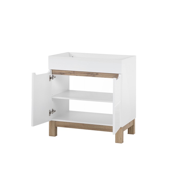 Meuble sous vasque ERMANO – Chêne clair et blanc brillant – 80x84 cm – 1 porte – À poser 