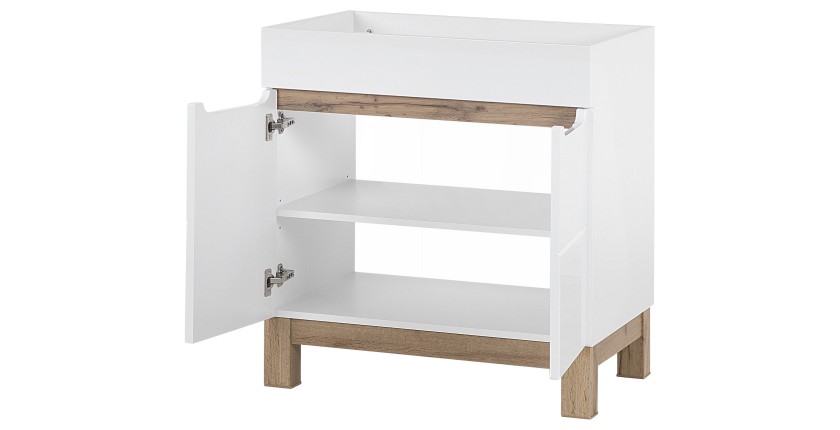 Meuble sous vasque ERMANO – Chêne clair et blanc brillant – 80x84 cm – 1 porte – À poser 