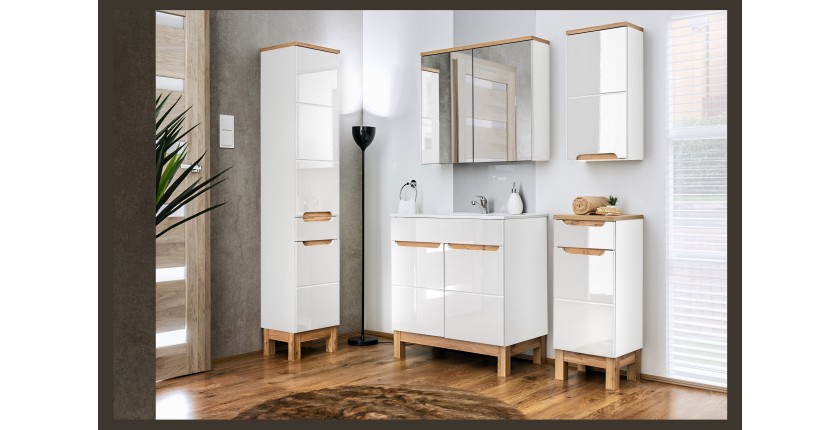 Meuble sous vasque ERMANO – Chêne clair et blanc brillant – 80x84 cm – 1 porte – À poser