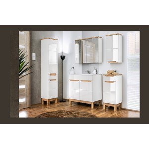 Meuble sous vasque ERMANO – Chêne clair et blanc brillant – 80x84 cm – 1 porte – À poser 