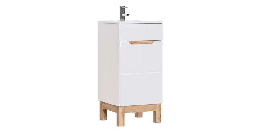 Meuble sous vasque ERMANO – Chêne clair et blanc brillant – 40x84 cm – 1 porte – À poser 