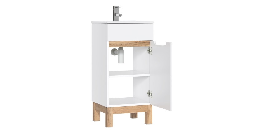 Meuble sous vasque ERMANO – Chêne clair et blanc brillant – 40x84 cm – 1 porte – À poser 