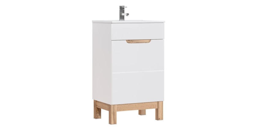 Meuble sous vasque ERMANO – Chêne clair et blanc brillant – 50x84 cm – 1 porte – À poser 