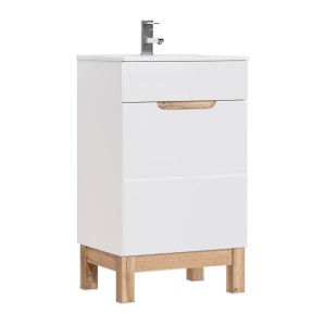 Meuble sous vasque ERMANO – Chêne clair et blanc brillant – 50x84 cm – 1 porte – À poser 