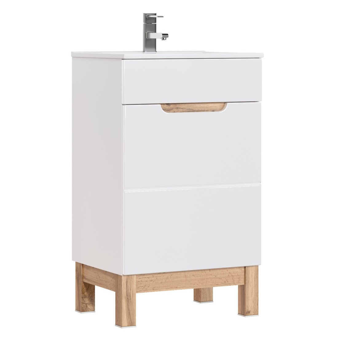 Meuble sous vasque ERMANO – Chêne clair et blanc brillant – 50x84 cm – 1 porte – À poser 