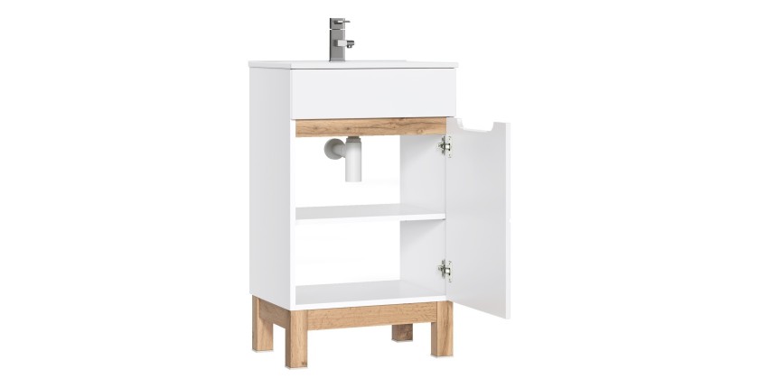 Meuble sous vasque ERMANO – Chêne clair et blanc brillant – 50x84 cm – 1 porte – À poser 