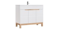 Meuble sous vasque ERMANO – Chêne clair et blanc brillant – 100x84 cm – 3 portes – À poser 